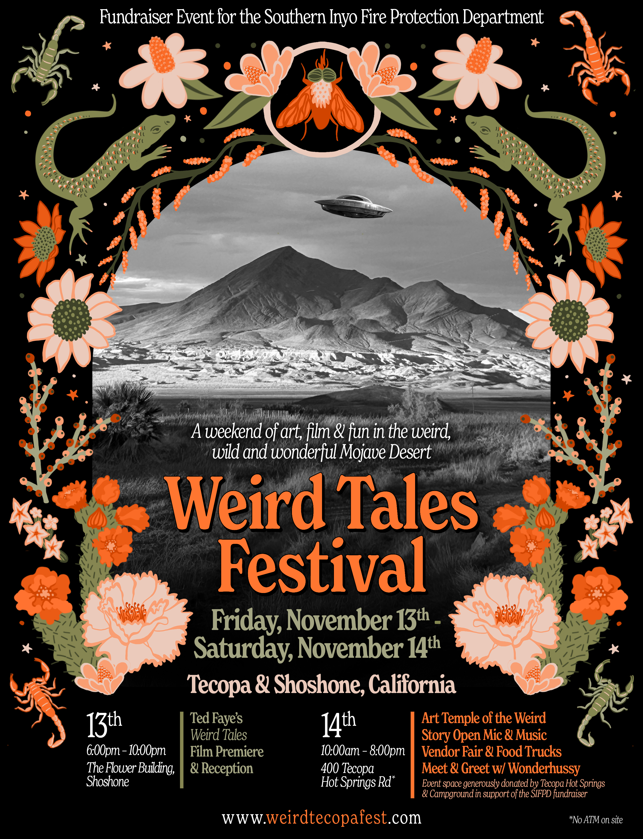 Vintage poster for the Weird Tales Festival showing a flying saucer above a desert mountain, surrounded by colorful desert flora and creatures
